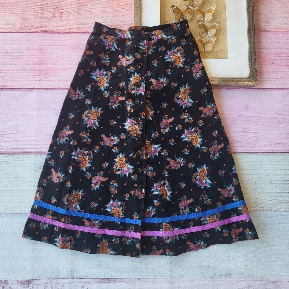 Vintage Black Floral & Bird Velvet High Waist Button Front‎ Boho Midi Skirt XS/S
